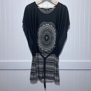 Free Culture Black & White Bohemian Mandala Cat Dog Deer Print Tunic Dress Belt